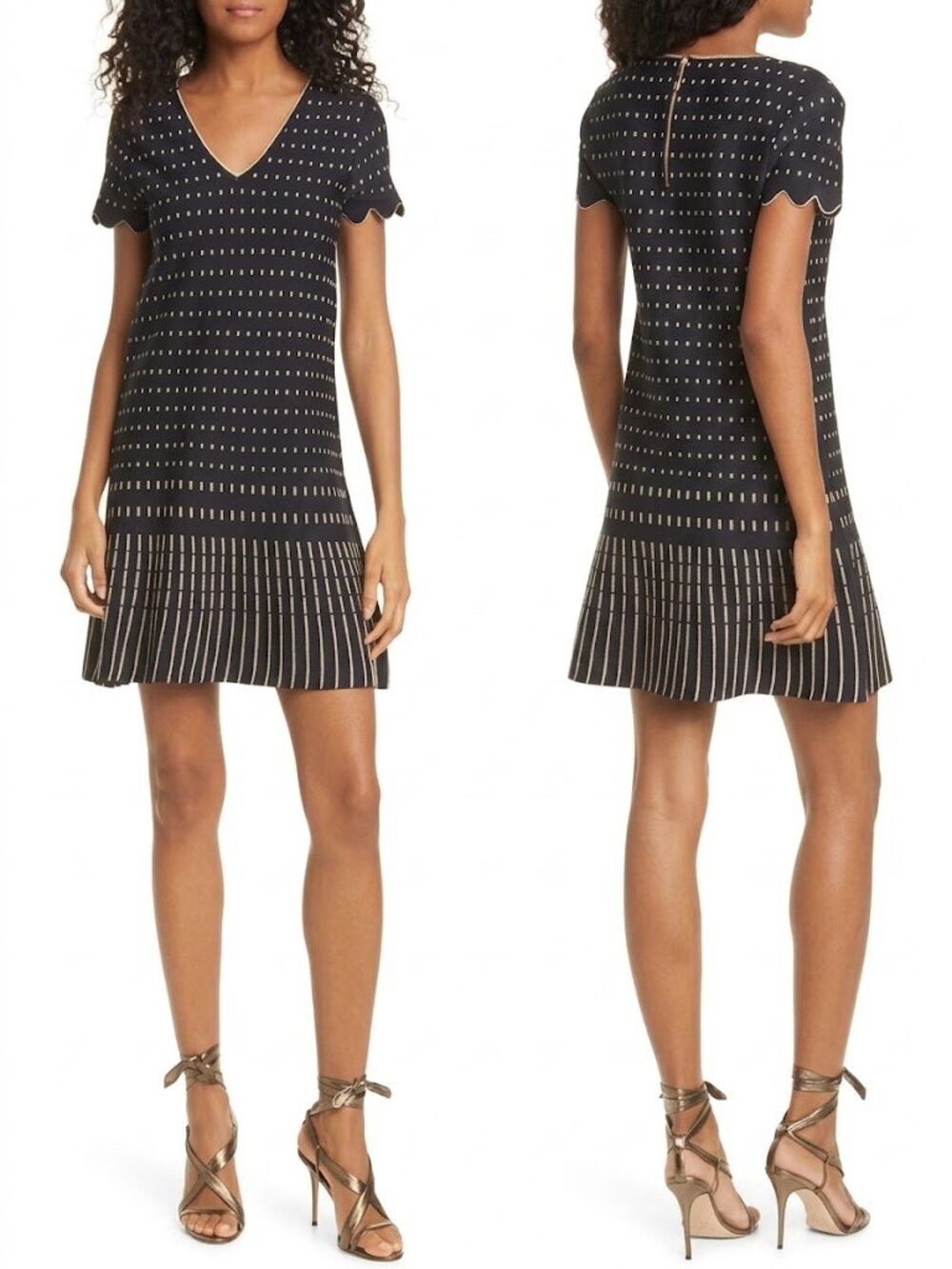 Ted Baker Maciiey Black Metallic Gold Scallop Knit A Line Dress 3 US 8